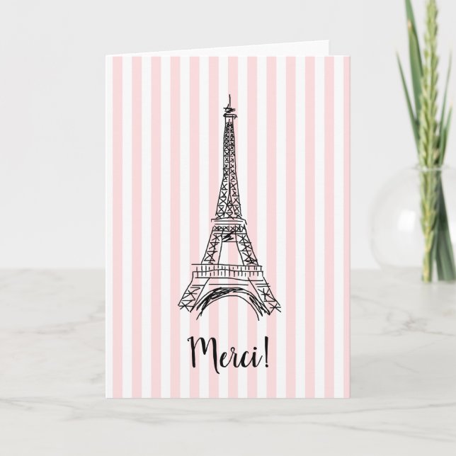 Tarjeta de París Merci Eiffel Tower Pink Stripe (Anverso)