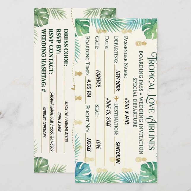 Tarjeta de pasaje de embarque para boda en resort  (Anverso / Reverso)