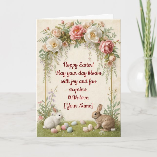 Tarjeta de Pascua Alegre - Conejos con Corona de F (Anverso)