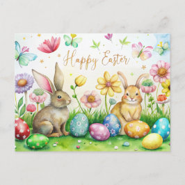 Tarjeta de Pascua con bonitos conejitos, flores y