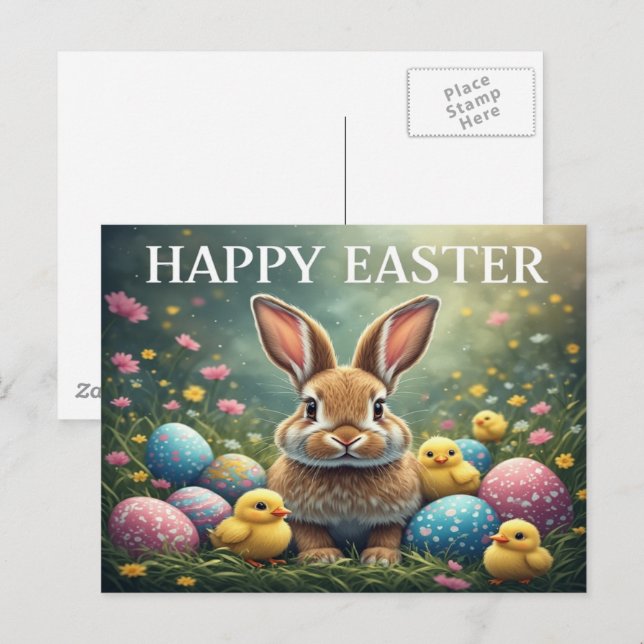 Tarjeta de Pascua con conejo feliz (Anverso / Reverso)