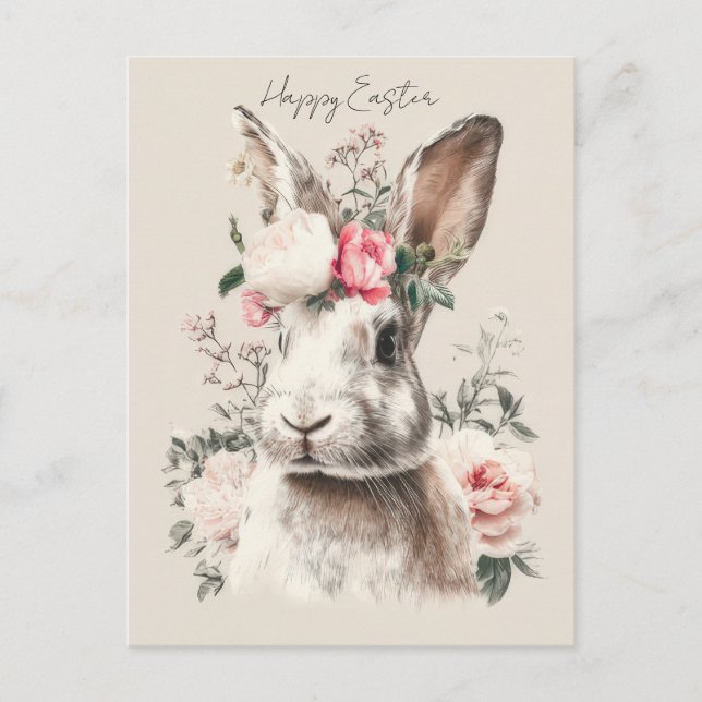 Tarjeta de Pascua con Flores y Conejito de Pascua (Anverso)