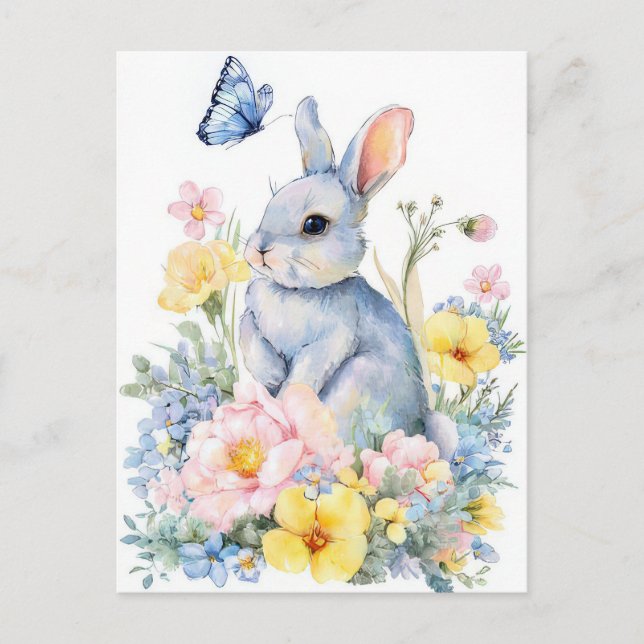 Tarjeta de Pascua con flores y conejo de Pascua (Anverso)