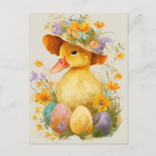 Tarjeta de Pascua con Flores y Patito de Pascua