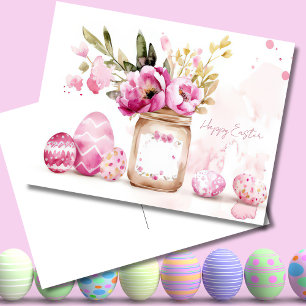 Tarjeta de Pascua con huevos de Pascua y flores
