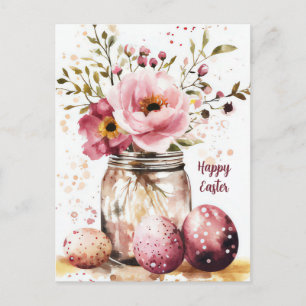 Tarjeta de Pascua con huevos de Pascua y flores