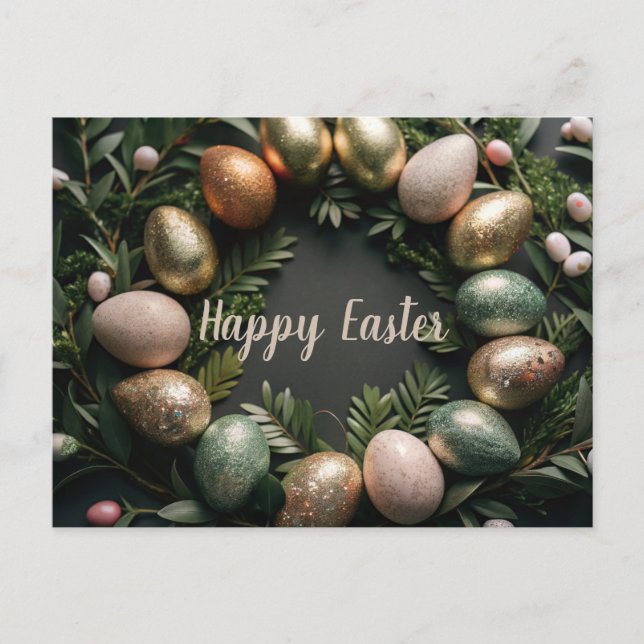 Tarjeta de Pascua con oro y huevos verdes (Anverso)