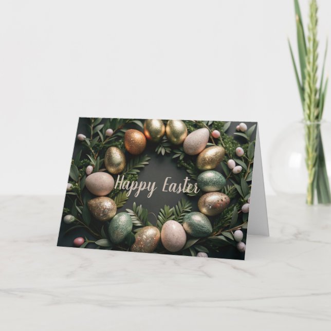 Tarjeta de Pascua con oro y huevos verdes (Anverso)