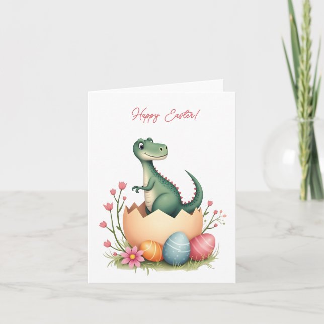 Tarjeta de Pascua con un dinosaurio en colores pas (Anverso)