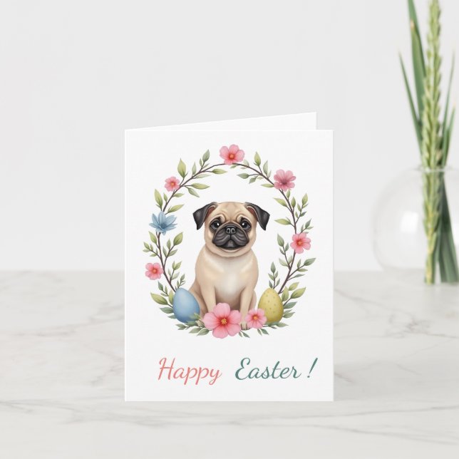 Tarjeta de Pascua con una imagen de un pug (Anverso)
