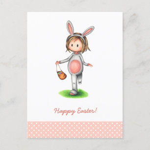 Tarjeta de Pascua con una niña disfrazada de conej