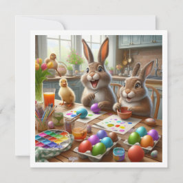 tarjeta de Pascua, conejos pintando huevos, invita