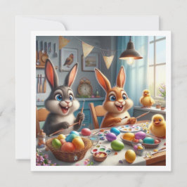 tarjeta de Pascua, conejos pintando huevos, invita