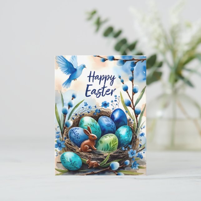 Tarjeta de Pascua de conejito en nido de acuarela (Anverso de pie)