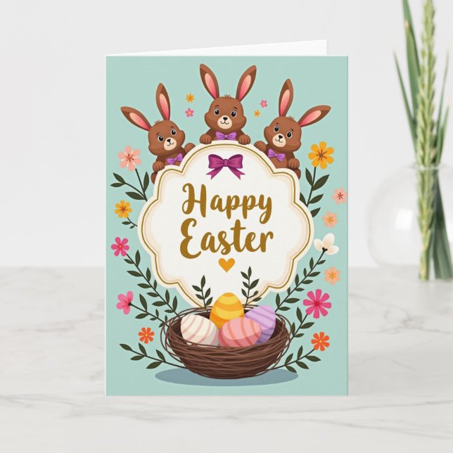 Tarjeta de Pascua de conejitos felices de primaver (Anverso)