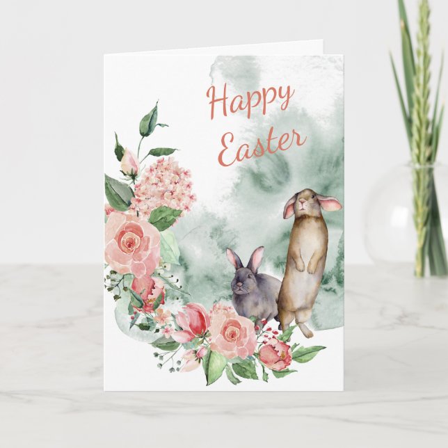 Tarjeta de Pascua de conejitos florales en acuarel (Anverso)