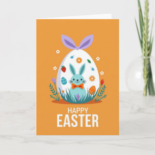 Tarjeta de Pascua de Conejo Azul con Lazo Naranja