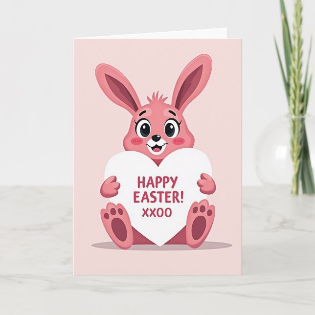 Tarjeta de Pascua de corazón de conejo rosa (Anverso)