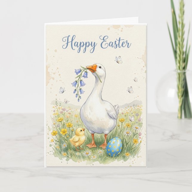 Tarjeta de Pascua de Ganso Feliz | Pollo y Campani (Anverso)