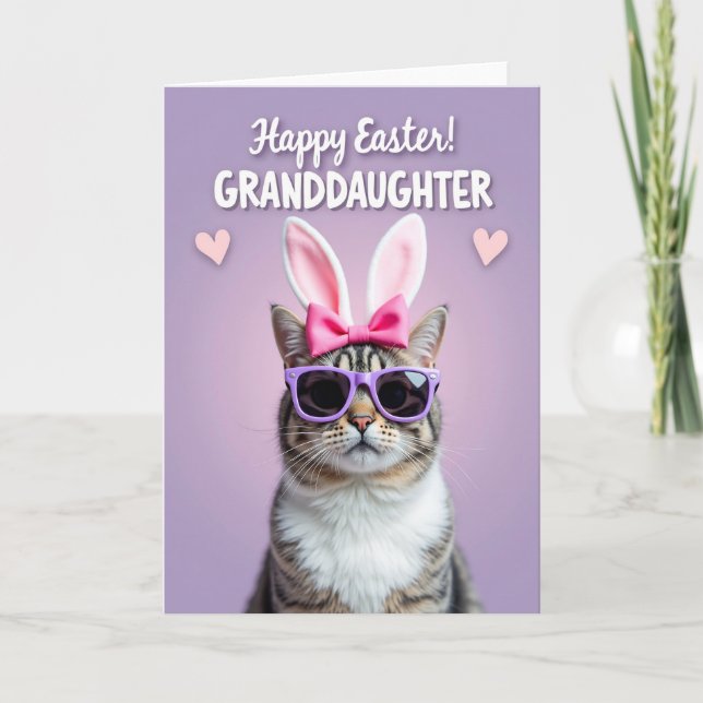 Tarjeta de Pascua de gato con lazo fucsia (Anverso)
