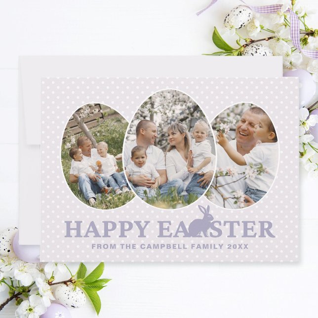 Tarjeta de Pascua de Huevos de la Familia Conejo d (Modern Easter family photo card with egg-shaped photo frames, pastel lavender text and rabbit.)