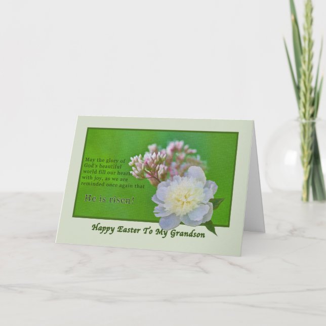 Tarjeta de Pascua de Nieto con flores rosas y blan (Anverso)