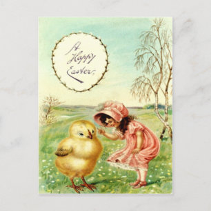 Tarjeta de Pascua de Niña Antigua con Pollito