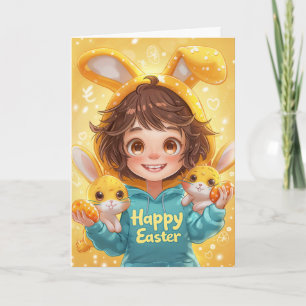 Tarjeta de Pascua de niña con capucha de orejas de