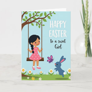 Tarjeta de Pascua de niña en primavera dulce