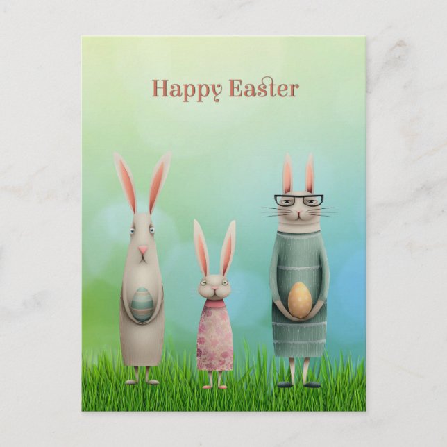 Tarjeta de Pascua de tres conejos en hierba (Anverso)