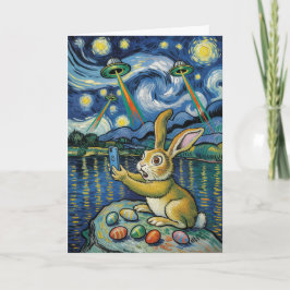 Tarjeta de Pascua del Conejo de Pascua con OVNI y 