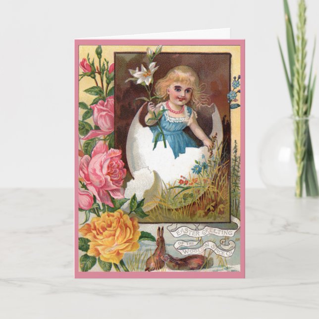 Tarjeta de pascua del Victorian - chica en huevo (Anverso)