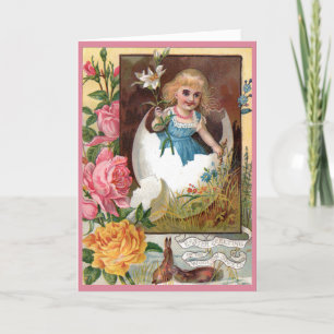 Tarjeta de pascua del Victorian - chica en huevo