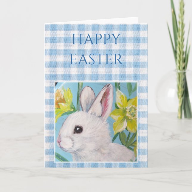 Tarjeta de Pascua en blanco con conejo blanco (Anverso)