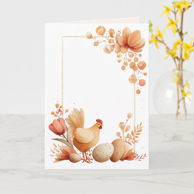 Tarjeta de Pascua en blanco con pollo (flor amarilla)