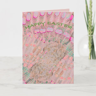 Tarjeta de Pascua en rosa con huevos en un jardín
