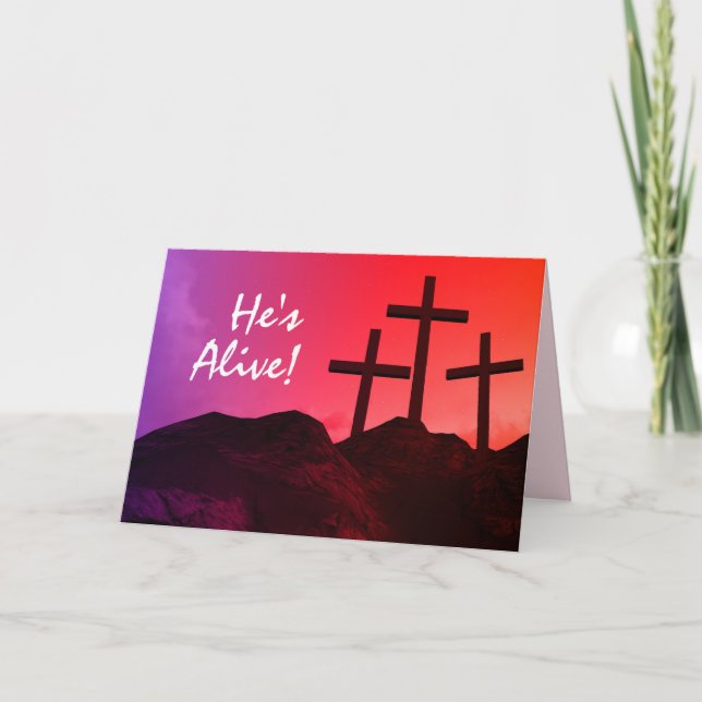Tarjeta de Pascua 'Está vivo' de tres cruces (Anverso)