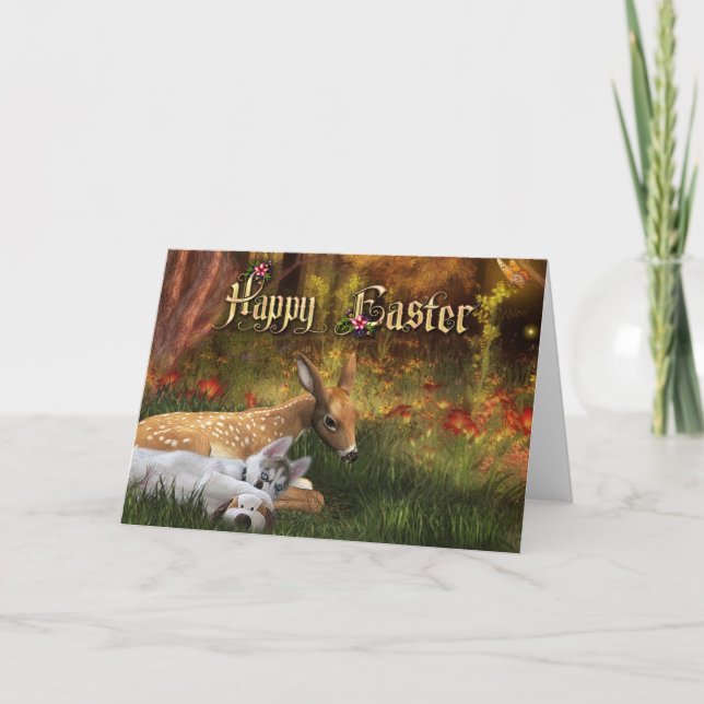 Tarjeta de pascua feliz - perrito y cervatillo (Anverso)
