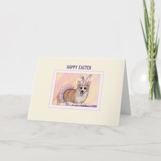 Tarjeta de pascua feliz, perro Corgi en tutu y ore (Anverso)