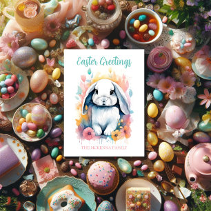 Tarjeta de Pascua floral de conejito en acuarela l