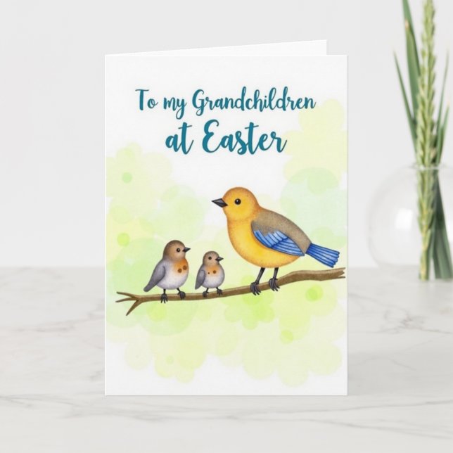 Tarjeta de Pascua para Nietos Pájaros de Primavera (Anverso)