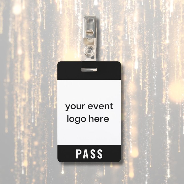 Tarjeta de pase de evento especial (Pass badge for special event, festival or concert. Custom logo on front and name and date on back.)