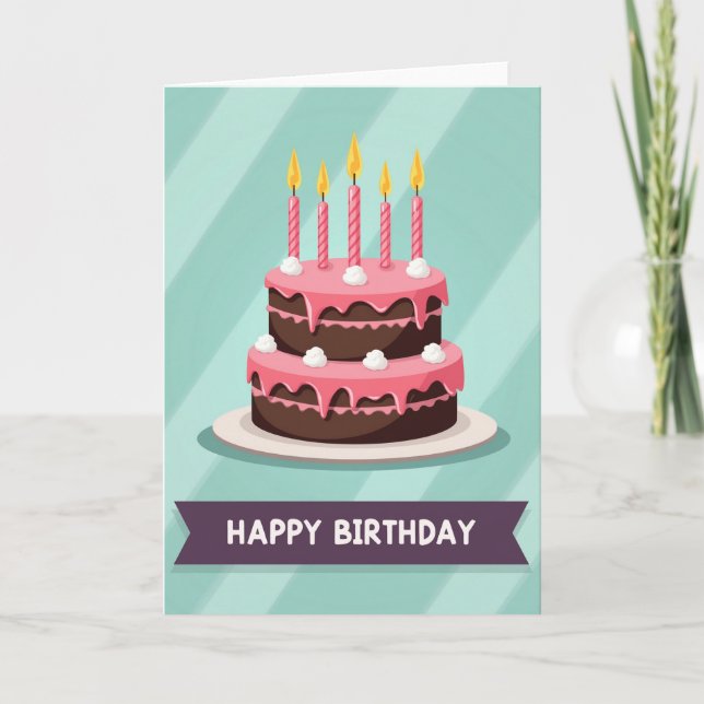 Tarjeta de pastel de cumpleaños con glaseado rosa (Anverso)