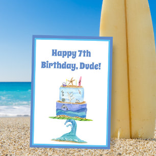 Tarjeta de pastel de cumpleaños número 7 de acuare