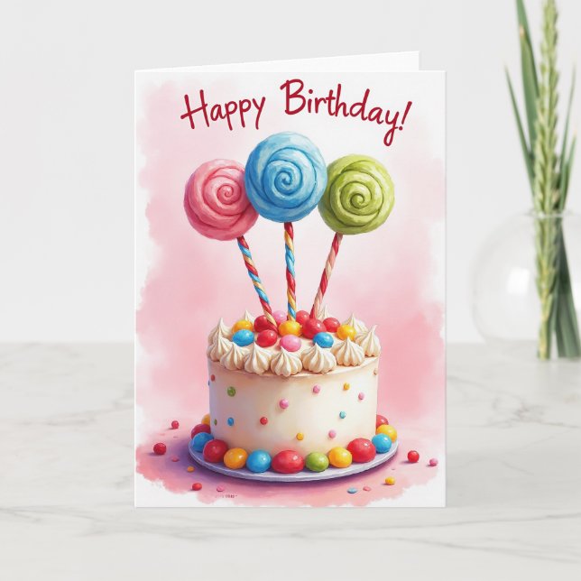 Tarjeta de pastel de piruleta alegre (Anverso)