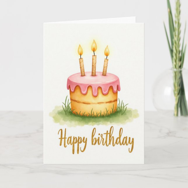 Tarjeta de pastel iluminada con velas alegres (Anverso)