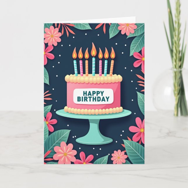 Tarjeta de pastel iluminado con velas festivas (Anverso)