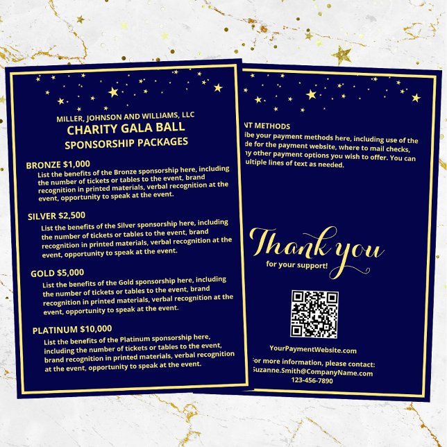 Tarjeta de Patrocinio de Gala de Caridad Tarjeta E (Charity Gala Ball Sponsorship Packages, customize for your event, with a QR code for payments.)