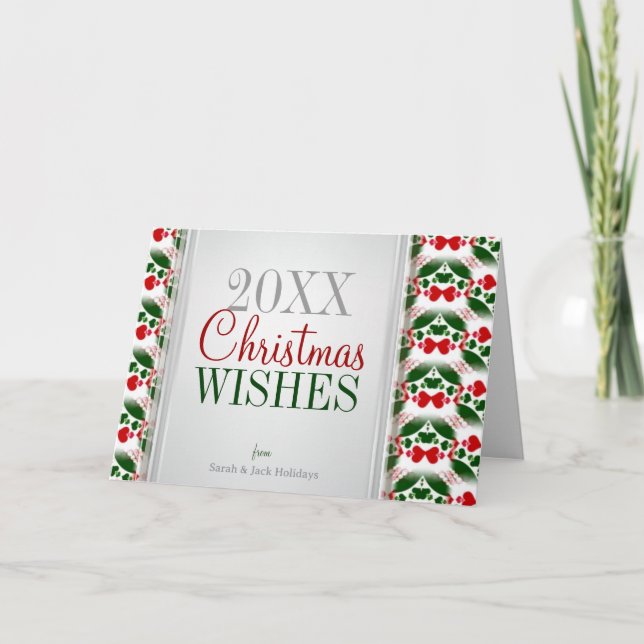 Tarjeta de patrón verde rojo de Navidad de corazon (Anverso)