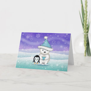 Tarjeta de pequeños osito polar y Navidades pingüi